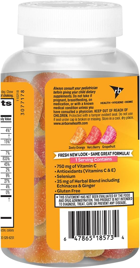 Airborne 750mg Vitamin C Immune Support Supplement Gummies for Adults, Assorted Fruit Flavor, Gluten Free Crafted Blend with Powerful Antioxidants Vitamins A C & E, 42 Gummies (2 Pack)