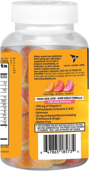 Airborne 750mg Vitamin C Immune Support Supplement Gummies for Adults, Assorted Fruit Flavor, Gluten Free Crafted Blend with Powerful Antioxidants Vitamins A C & E, 42 Gummies (2 Pack)