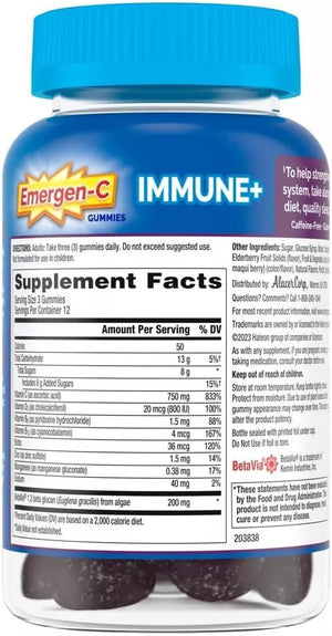 Emergen-C Immune+ Elderberry Gummies, 750 mg Vitamin C with Vitamin D, Zinc and Electrolytes, Immune Support Dietary Supplement, Caffeine Free, Gluten Free, Elderberry Flavor - 36 Count
