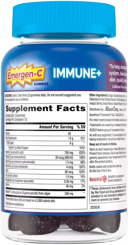 Emergen-C Immune+ Elderberry Gummies, 750 mg Vitamin C with Vitamin D, Zinc and Electrolytes, Immune Support Dietary Supplement, Caffeine Free, Gluten Free, Elderberry Flavor - 36 Count