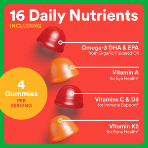SmartyPants Organic Kids Multivitamin Gummies: Omega 3 (ALA), Vitamin D3, C, Vitamin B12, B6, A, K & Zinc for Immune Support, Biotin, Vegetarian, Three Fruit Flavors, 120 Count (30 Day Supply)