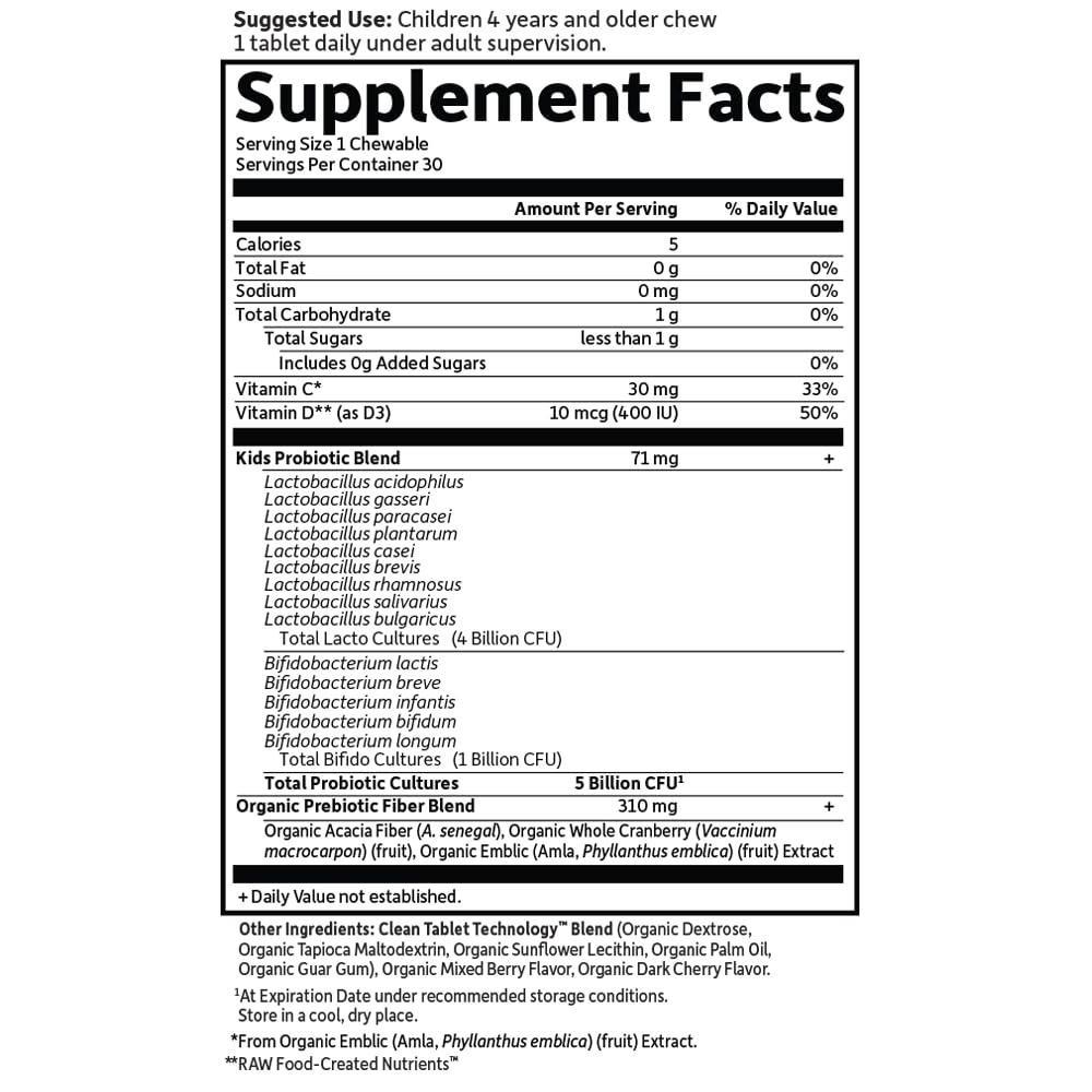 Garden of Life Dr. Formulated Probiotics Organic Kids+ plus Vitamin C & D - Berry Cherry - Gluten, Dairy & Soy Free Immune & Digestive Health Supplement, No Added Sugar, 30 Chewables (Shelf Stable)