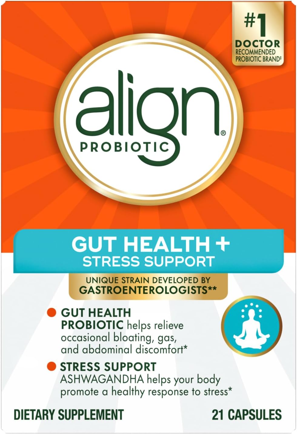 Align Probiotic, Gut Health + Stress Support, with Probiotics for Digestive Health and Ashwagandha to Help Calm Mind and Body*, #1 Doctor Recommended Brand‡, 21 Capsules