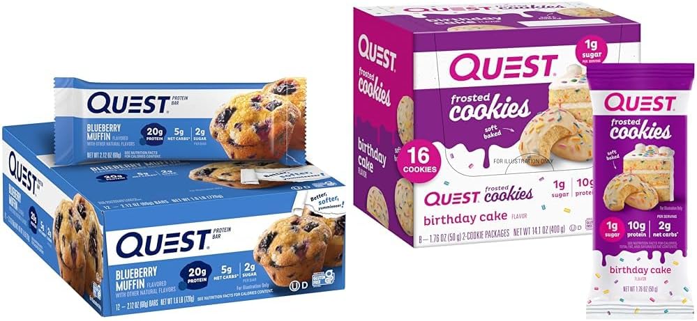 Quest Nutrition Blueberry Muffin Protein Bars 12 Count & Frosted Cookies Twin Pack Birthday Cake 16 Cookies