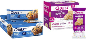 Quest Nutrition Blueberry Muffin Protein Bars 12 Count & Frosted Cookies Twin Pack Birthday Cake 16 Cookies