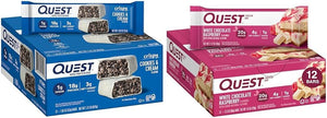 Quest Cookies & Cream and White Chocolate Raspberry Protein Bars Bundle, 18-20g Protein, 1g Sugar, Gluten Free, Keto Friendly, 12 Count
