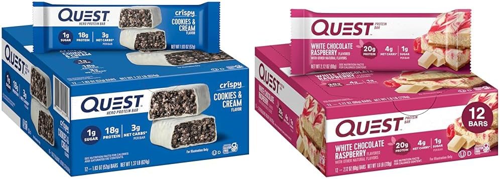 Quest Cookies & Cream and White Chocolate Raspberry Protein Bars Bundle, 18-20g Protein, 1g Sugar, Gluten Free, Keto Friendly, 12 Count