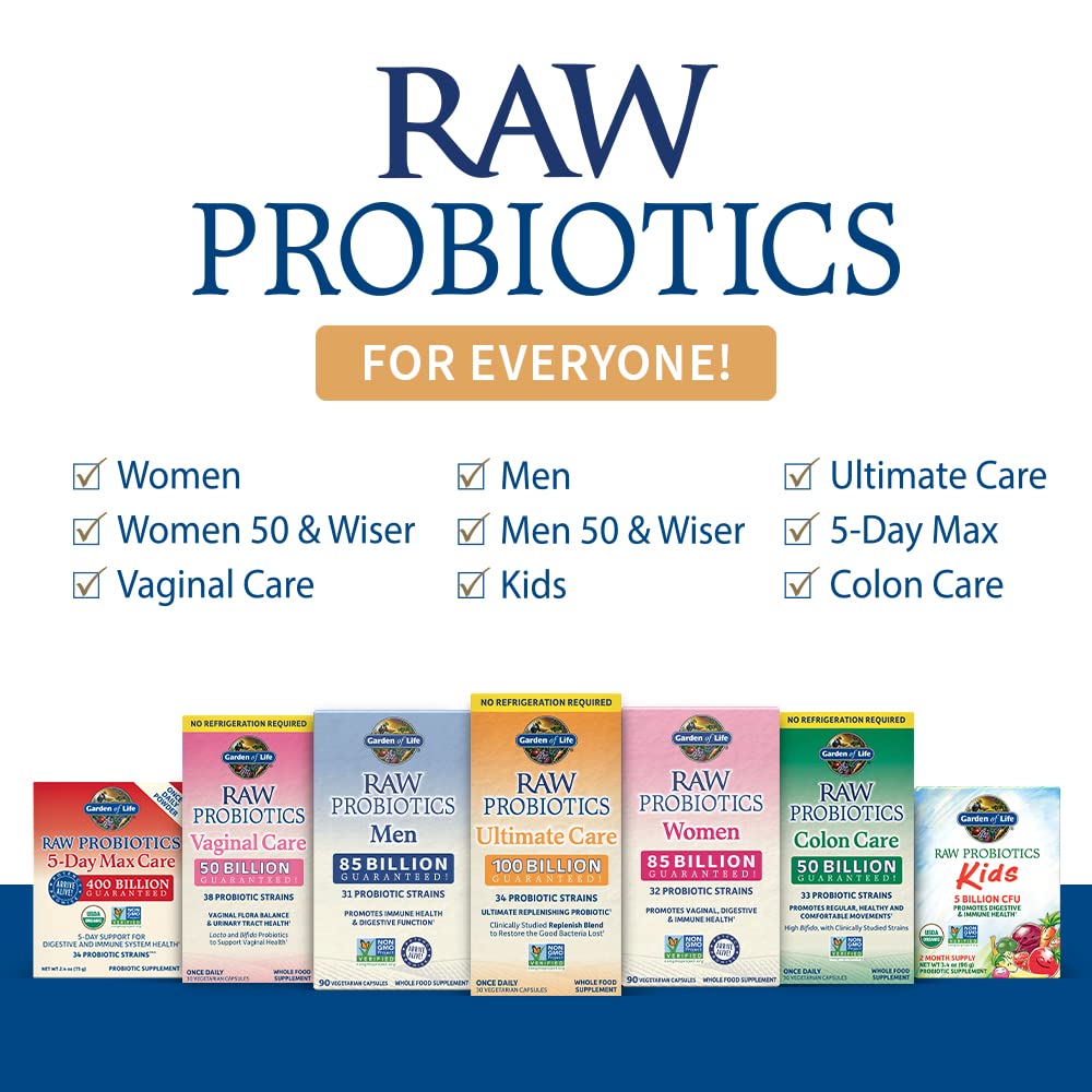 Garden of Life Probiotics for Women and Men - Raw Probiotics Ultimate Care 100 Billion CFU Probiotic Supplement, Daily Probiotic for Adults with Digestive Enzymes, 30 Capsules