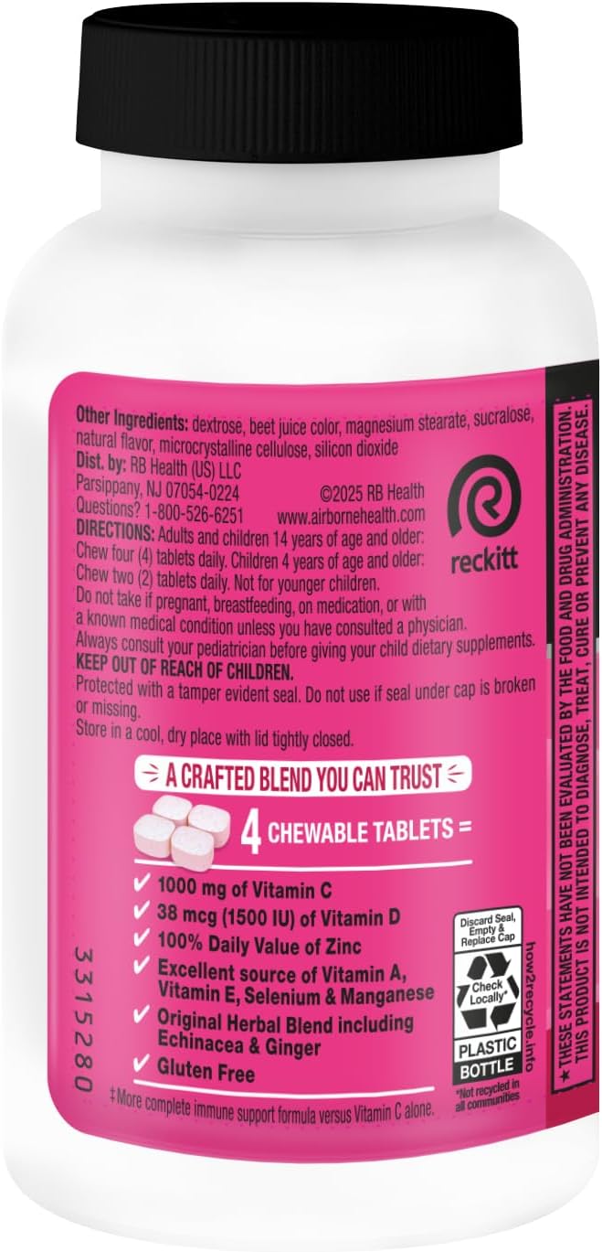 Airborne Berry Chewable Tablets, 64 count - 1000mg of Vitamin C - Immune Support Supplement