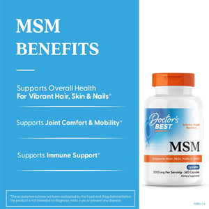 Doctors Best MSM, Supports Hair, Skin, Nails, & Joints, Non-GMO, Gluten Free, 3000 mg Per Serving, 180 Capsules