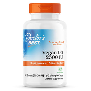 Doctors Best Vegan Vitamin D3 2500 IU Veg Caps - Vegan Vitamin D Supplement for Men & Women, Helps Support Calcium Absorption, Heart Health & Immune Support, 62.5 mcg per Serving - 60 Veggie Capsules