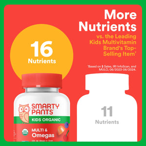 SmartyPants Organic Kids Multivitamin Gummies: Omega 3 (ALA), Vitamin D3, C, Vitamin B12, B6, A, K & Zinc for Immune Support, Biotin, Vegetarian, Three Fruit Flavors, 120 Count (30 Day Supply)