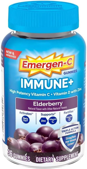 Emergen-C Immune+ Elderberry Gummies, 750 mg Vitamin C with Vitamin D, Zinc and Electrolytes, Immune Support Dietary Supplement, Caffeine Free, Gluten Free, Elderberry Flavor - 36 Count