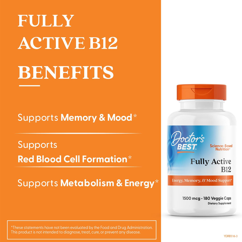 Doctor's BEST Fully Active B12 1500 mcg, Non-GMO, Vegan, Gluten Free, Supports Healthy Memory, Mood and Circulation, 60 Count (Pack of 2)