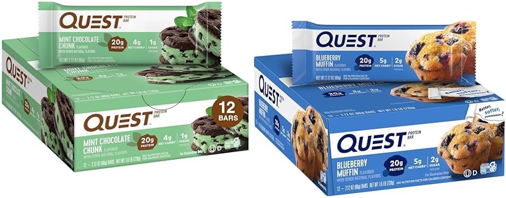 Quest Nutrition Mint Chocolate Chunk Protein Bars, High Protein, Low Carb, Gluten Free & Blueberry Muffin Protein Bars, High Protein, Low Carb, Gluten Free, 12 count