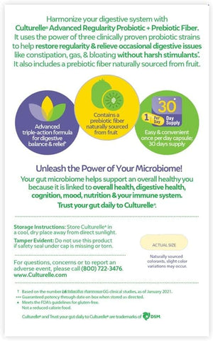 Culturelle Advanced Regularity Daily Probiotic for Women & Men, 30 Count, Probiotic + Prebiotic Fiber Restores Regularity & Reduces Occasional Constipation, Gas & Bloating, Gluten & Soy Free, Non-GMO