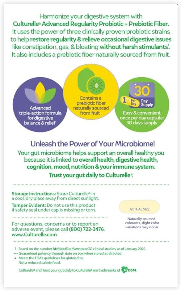 Culturelle Advanced Regularity Daily Probiotic for Women & Men, 30 Count, Probiotic + Prebiotic Fiber Restores Regularity & Reduces Occasional Constipation, Gas & Bloating, Gluten & Soy Free, Non-GMO