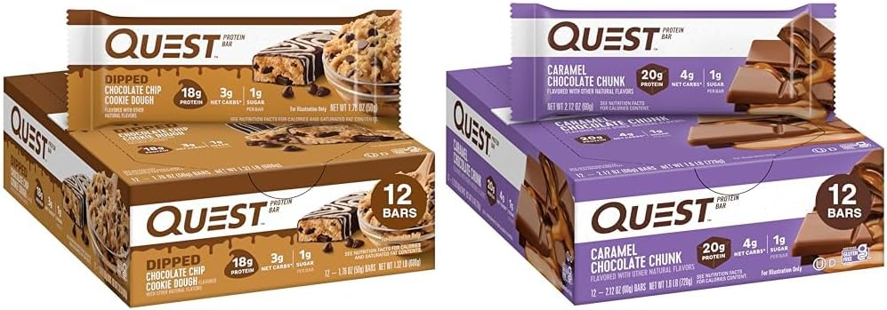 Quest Protein Bars Bundle - Chocolate Chip Cookie Dough and Caramel Chocolate Chunk, 1.76 Oz, 12 Ct