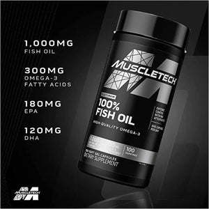 Omega 3 Fish Oil Capsules MuscleTech 100% Omega Fish Oil Burpless Fish Oil Supplement Omega 3 Fatty Acid Supplement Fish Oil 1000mg Pills, 100 Count