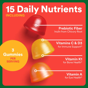 SmartyPants Kids Multivitamin & Fiber Gummies: Prebiotic Fiber to Support Kids Digestion with Vitamin D3, C, Vitamin B12, B6, A, Zinc, Biotin, Folate, Three Fruit Flavors, 90 Count (30 Day Supply)