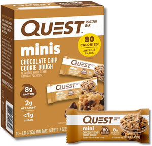 Quest Chocolate Coconut Hero Protein Bar 15g Protein 12 Count and Mini Chocolate Chip Cookie Dough Protein Bars 14 Count