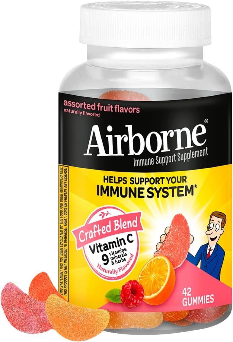 Airborne Vitamin C 750mg (per Serving) Assorted Fruit Flavored Gummies (42 Count in a Bottle), Gluten-Free Immune Support Supplement with Vitamins A C E, Selenium, Echinacea & Ginger