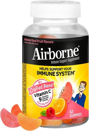Airborne Vitamin C 750mg (per Serving) Assorted Fruit Flavored Gummies (42 Count in a Bottle), Gluten-Free Immune Support Supplement with Vitamins A C E, Selenium, Echinacea & Ginger