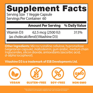 Doctors Best Vegan Vitamin D3 2500 IU Veg Caps - Vegan Vitamin D Supplement for Men & Women, Helps Support Calcium Absorption, Heart Health & Immune Support, 62.5 mcg per Serving - 60 Veggie Capsules