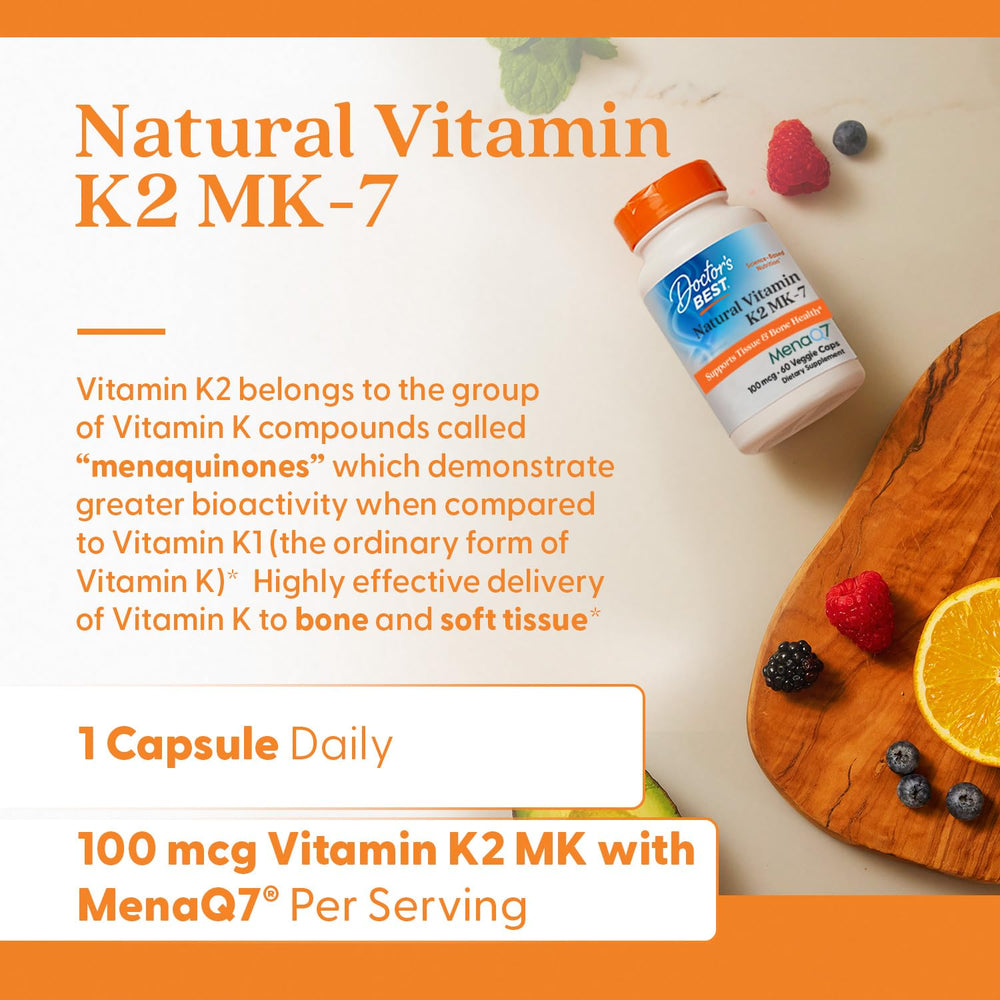 Doctor's Best Natural Vitamin K2 Mk-7 with MenaQ7, 100mcg Vitamin K2 Supplement Supports Bone Health, Non-GMO, 60 Veggie Capsules