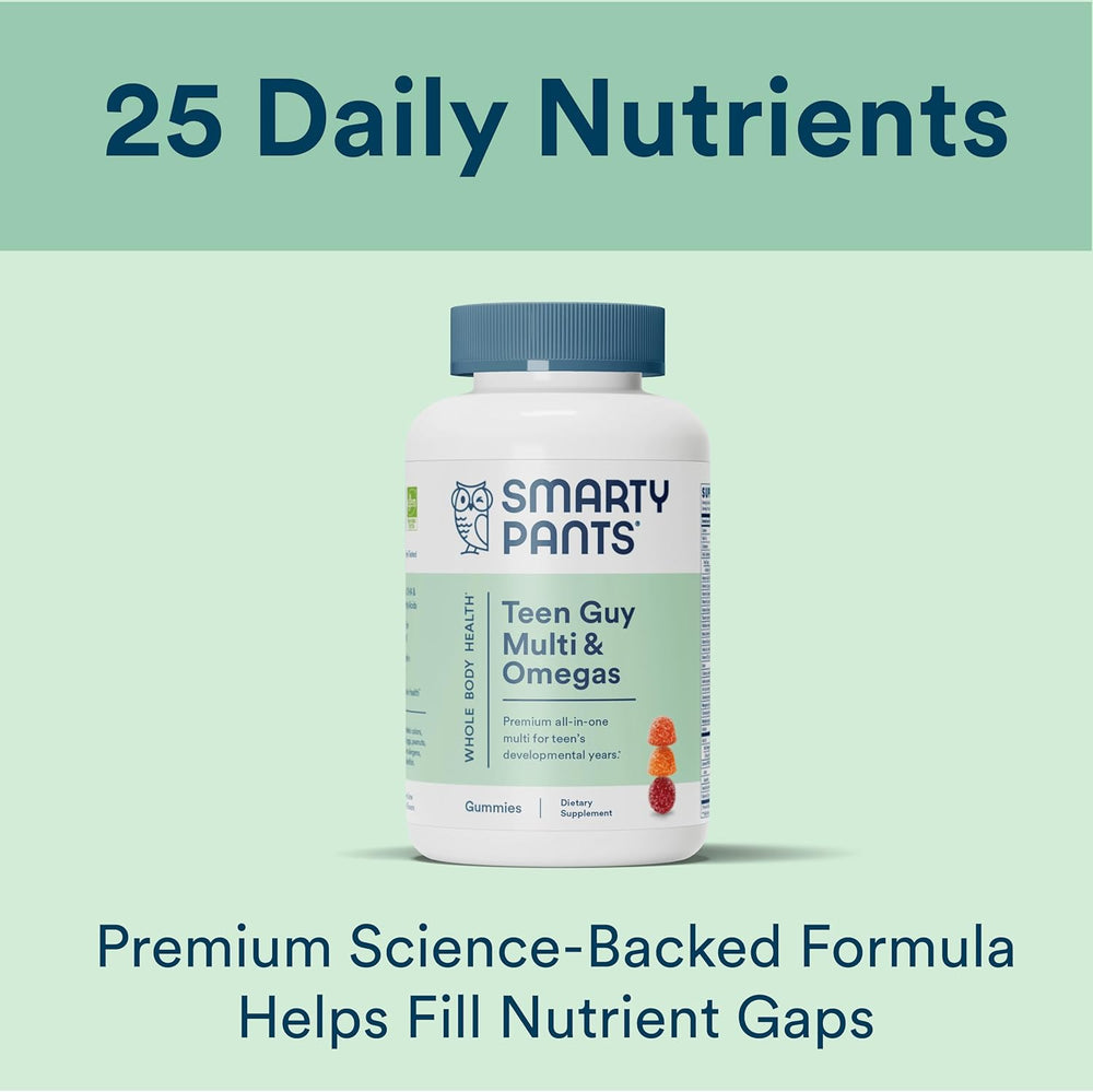 SmartyPants Teen Guy Formula, Daily Multivitamin Gummies: Vitamins C, B12, K, Zinc, & Biotin for Immune Support, Energy, Skin & Hair Support, Assorted Fruit Flavor, 120 Gummies (30 Day Supply)