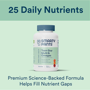 SmartyPants Teen Guy Formula, Daily Multivitamin Gummies: Vitamins C, B12, K, Zinc, & Biotin for Immune Support, Energy, Skin & Hair Support, Assorted Fruit Flavor, 120 Gummies (30 Day Supply)