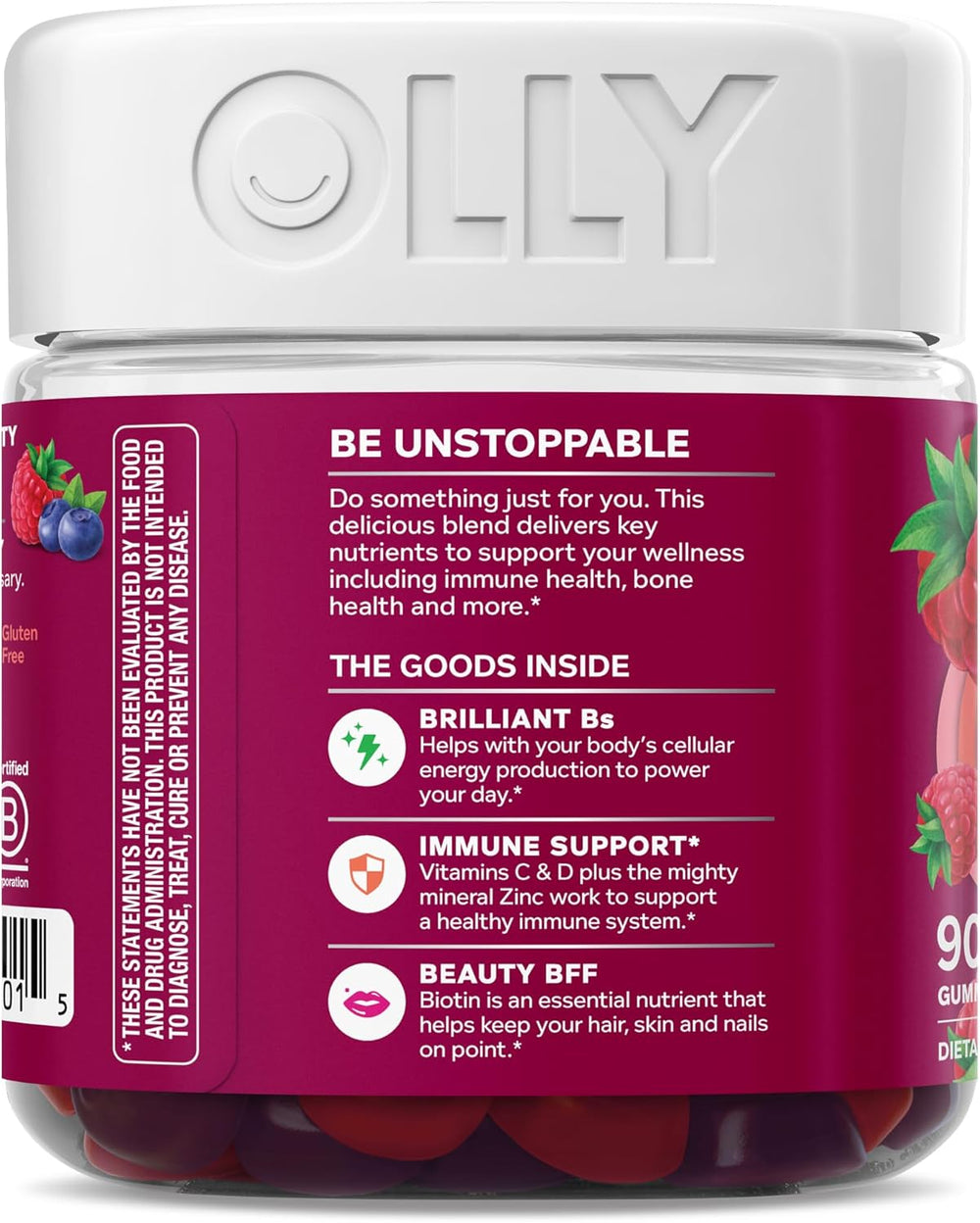 OLLY Women's Daily Multivitamin Gummy, Vitamins A, D, C, E, Biotin, Folic Acid, Adult Chewable Vitamin, Berry Flavor, 65 Day Supply - 130 Count