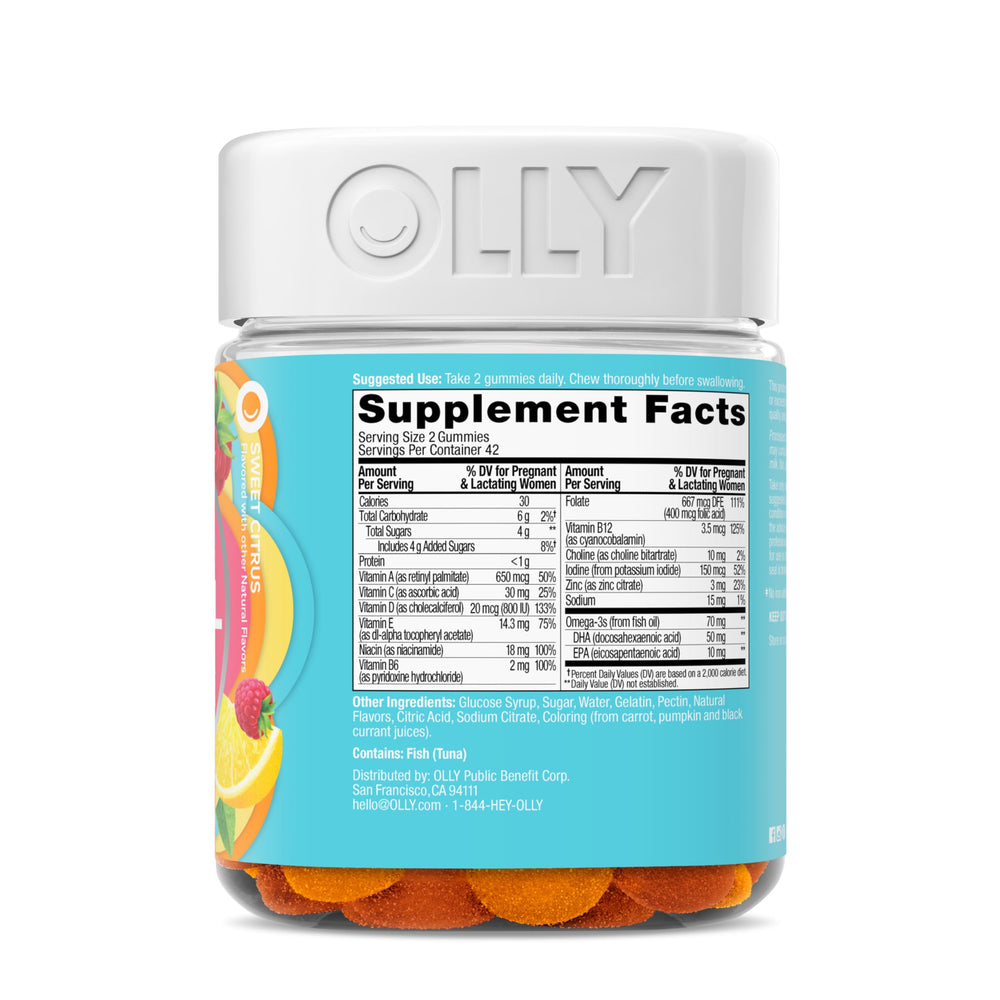 OLLY Essential Prenatal Gummy Multivitamin, Folic Acid, Vitamin D, Omega 3 DHA, Supports Healthy Growth and Brain Development, Citrus Berry - 84 Count