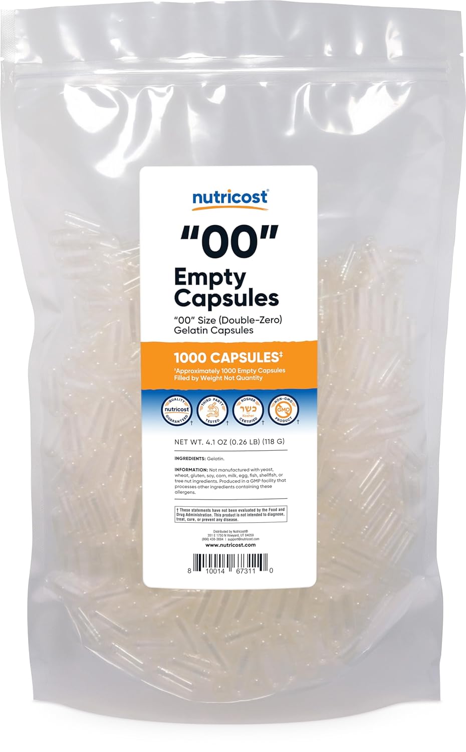 Nutricost Empty Capsules Gelatin Size 00-1,000 Clear Empty 00 Gelatin Capsules - Halal Certified, Non-GMO, Soy Free, Gluten Free