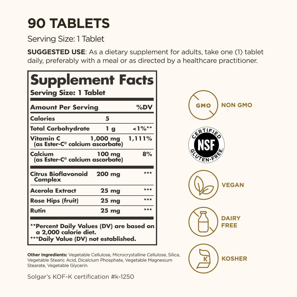 Solgar Ester-C Plus 1000 mg Vitamin C (Ascorbate Complex), 60 Tablets - Gentle On The Stomach & Non Acidic - Antioxidant & Immune System Support - Non GMO, Vegan, Gluten-Free, Kosher - 60 Servings