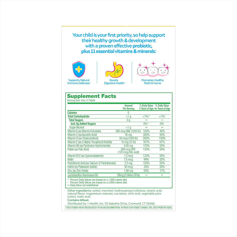 Culturelle Kids Probiotic + Complete Multivitamin Chewable For Kids, Ages 3+, 30 Count, Digestive Health, Oral Health & Immune Support - With 11 Vitamins & Minerals, including Vitamin C, D3 & Zinc