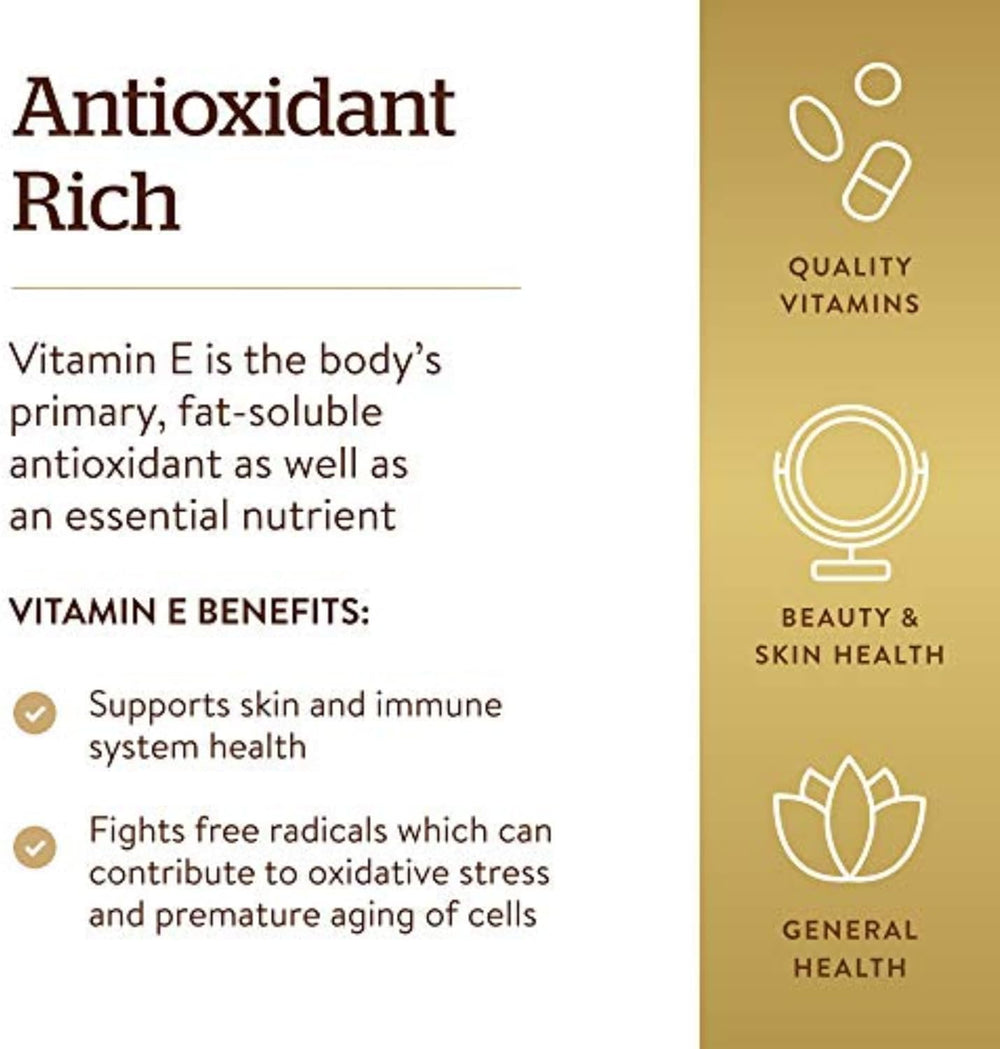 Solgar Vitamin E 268 MG (400 IU) (d-Alpha Tocopherol & Mixed Tocopherols), 100 Softgels - Supports Immune System & Skin Nutrition - Natural Antioxidant - Gluten Free, Dairy Free - 100 Servings