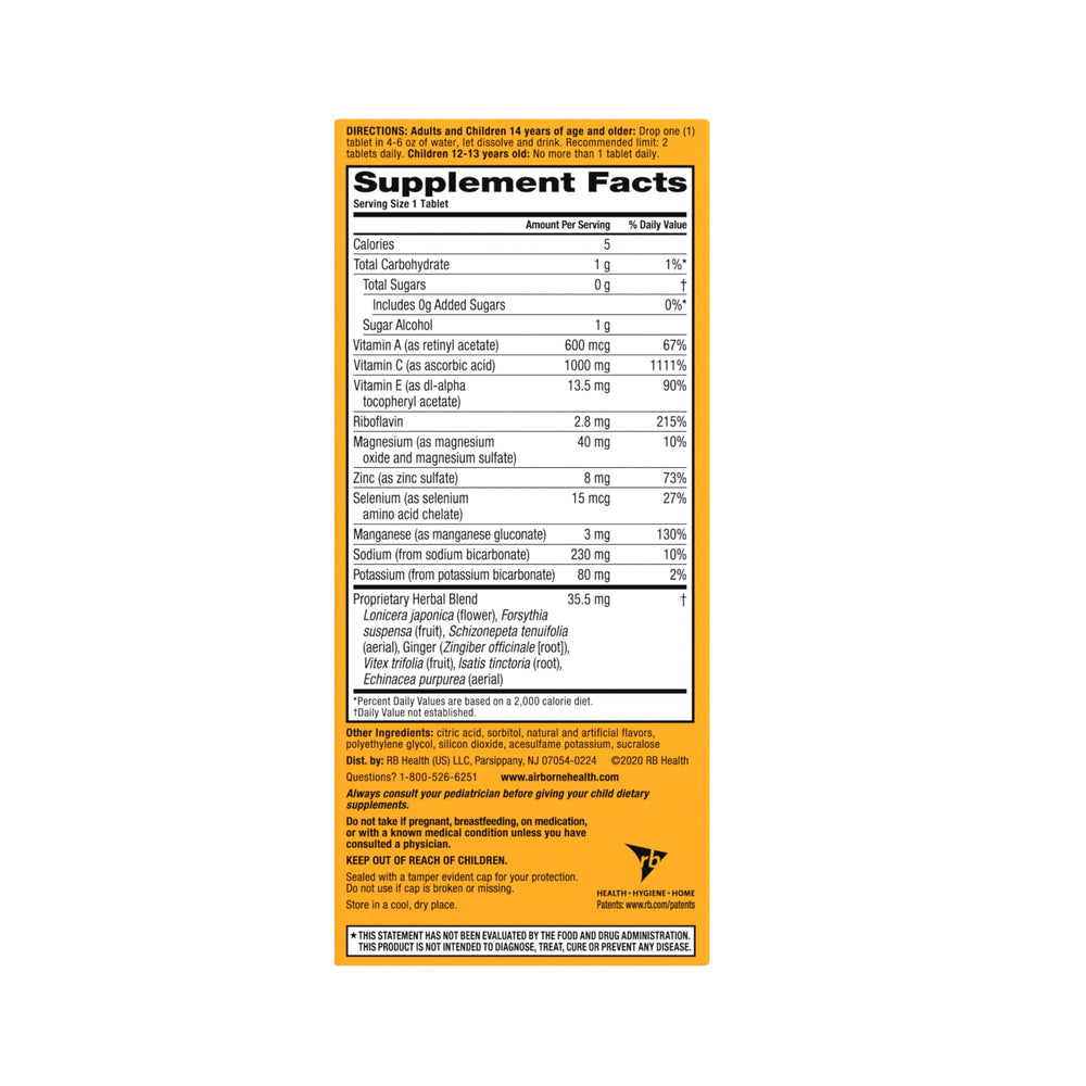 Vitamin C 1000mg (per serving) - Airborne Very Berry Effervescent Tablets (36 count in a box), Gluten-Free Immune Support Supplement, With Vitamins A C E, ZINC, Selenium, Echinacea & Ginger