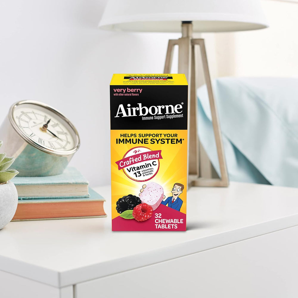Airborne Vitamin C 1000mg (per Serving) Very Berry Chewable Tablets (32 Count in a Box), Gluten-Free Immune Support Supplement, with Vitamins A C E, ZINC, Selenium, Echinacea & Ginger, Antioxidants