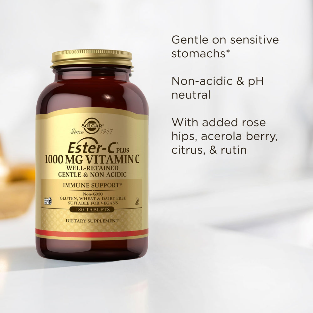 Solgar Ester-C Plus 1000 mg Vitamin C (Ascorbate Complex), 60 Tablets - Gentle On The Stomach & Non Acidic - Antioxidant & Immune System Support - Non GMO, Vegan, Gluten-Free, Kosher - 60 Servings