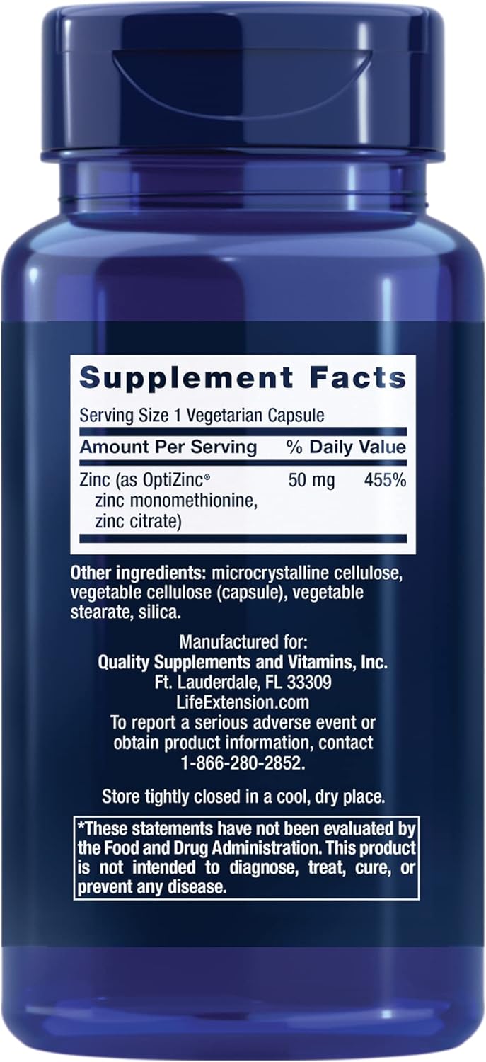 Life Extension Zinc Caps, zinc 50 mg, zinc Citrate, Support The Body's Immune defenses, Ultra-absorbable, Vegetarian, Non-GMO, Gluten-Free, 90 Vegetarian Capsules