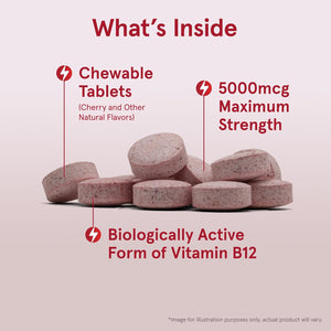 Jarrow Formulas Methyl Vitamin B12 5000 mcg - 60 Chewable Tablets, Naturally Fruit Flavored- Bioactive B12 Vitamin - Supports Cellular Energy Production, Brain Health & Metabolism - 60 Servings