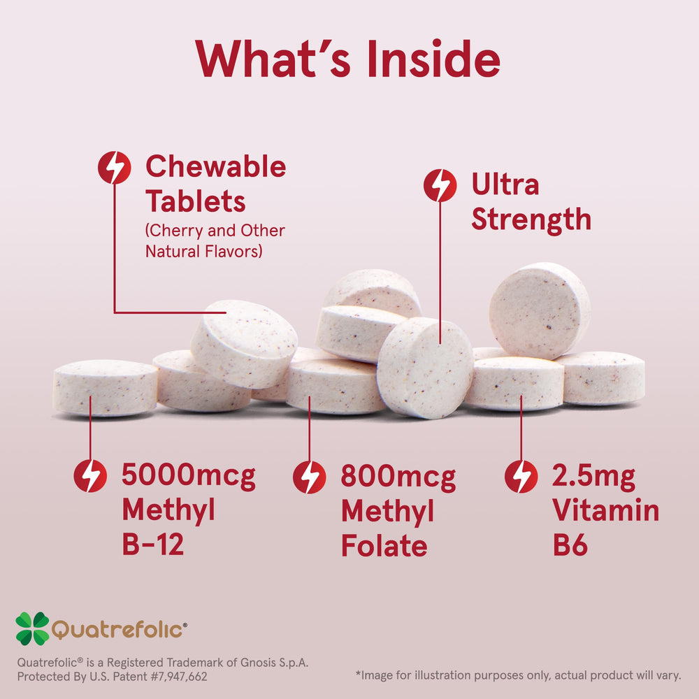 Jarrow Formulas Ultra Strength Methyl B-12 5000 mcg & Methyl Folate 800 mcg + P-5-P, Supplement for Cellular Energy Metabolism and Cardiovascular Support, 60 Chewable Tablets, 60 Day Supply, 12 Packs