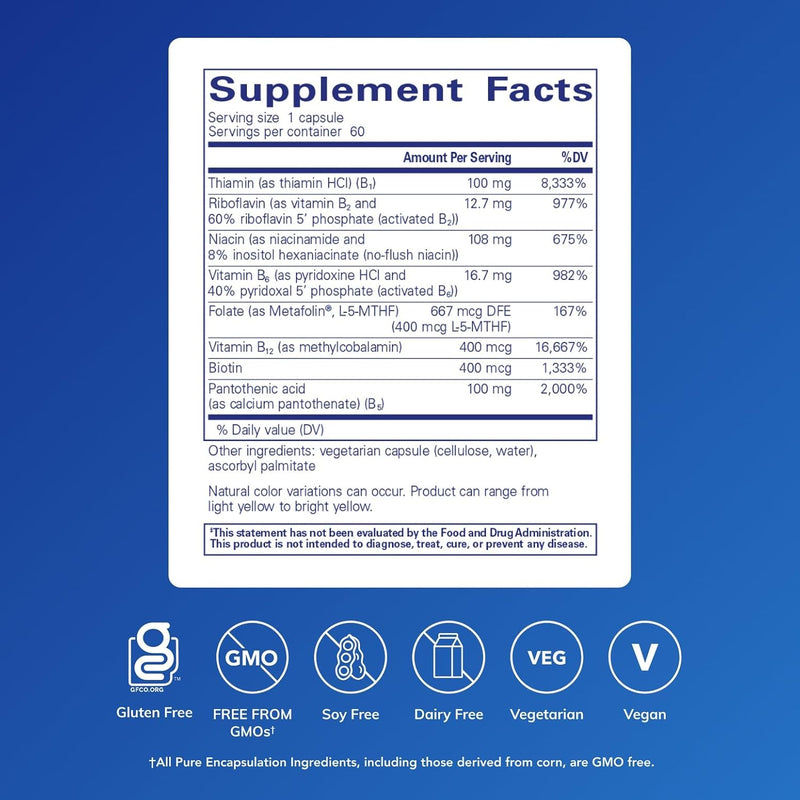 Pure Encapsulations B-Complex Plus - B Vitamins Supplement to Support Neurological Health, Cardiovascular Health, Energy Levels & Nervous System Support* - with Vitamin B12 & More - 120 Capsules