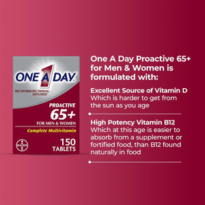 One A Day Proactive 65+, Mens & Womens Multivitamin, Supplement with Vitamin A, C, D, and Zinc to Support Bone Health & Cell Health, Calcium, Folic Acid, Tablet 150 Count