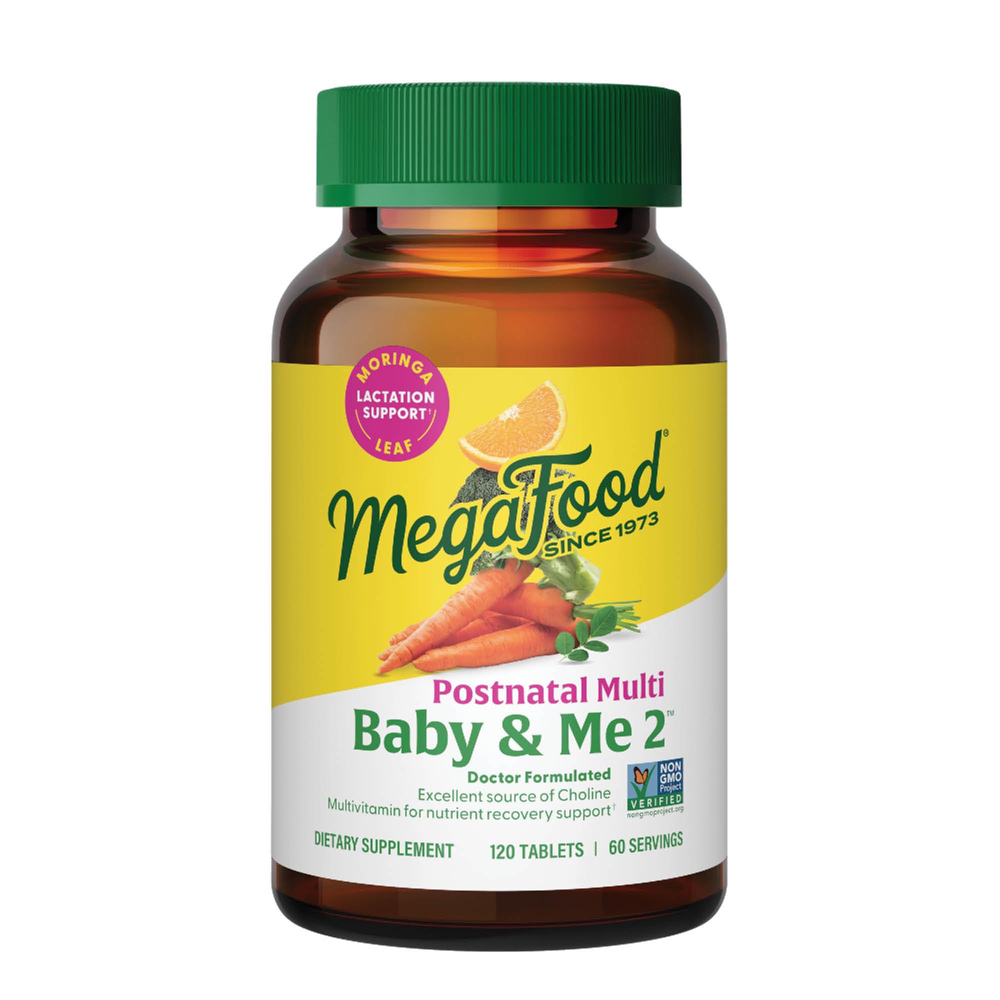 MegaFood Baby & Me 2 Postnatal Vitamins for Women Breastfeeding with Folate (Folic Acid Natural Form), Choline, Iodine, Vitamin D, Moringa Leaf and More - 120 Tabs (60 Servings)