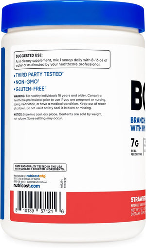 Nutricost BCAA + Hydration Powder (Strawberry, 30 Servings) - Branched Chain Amino Acids with Hydration Complex, Gluten Free, Non-GMO, Vegetarian