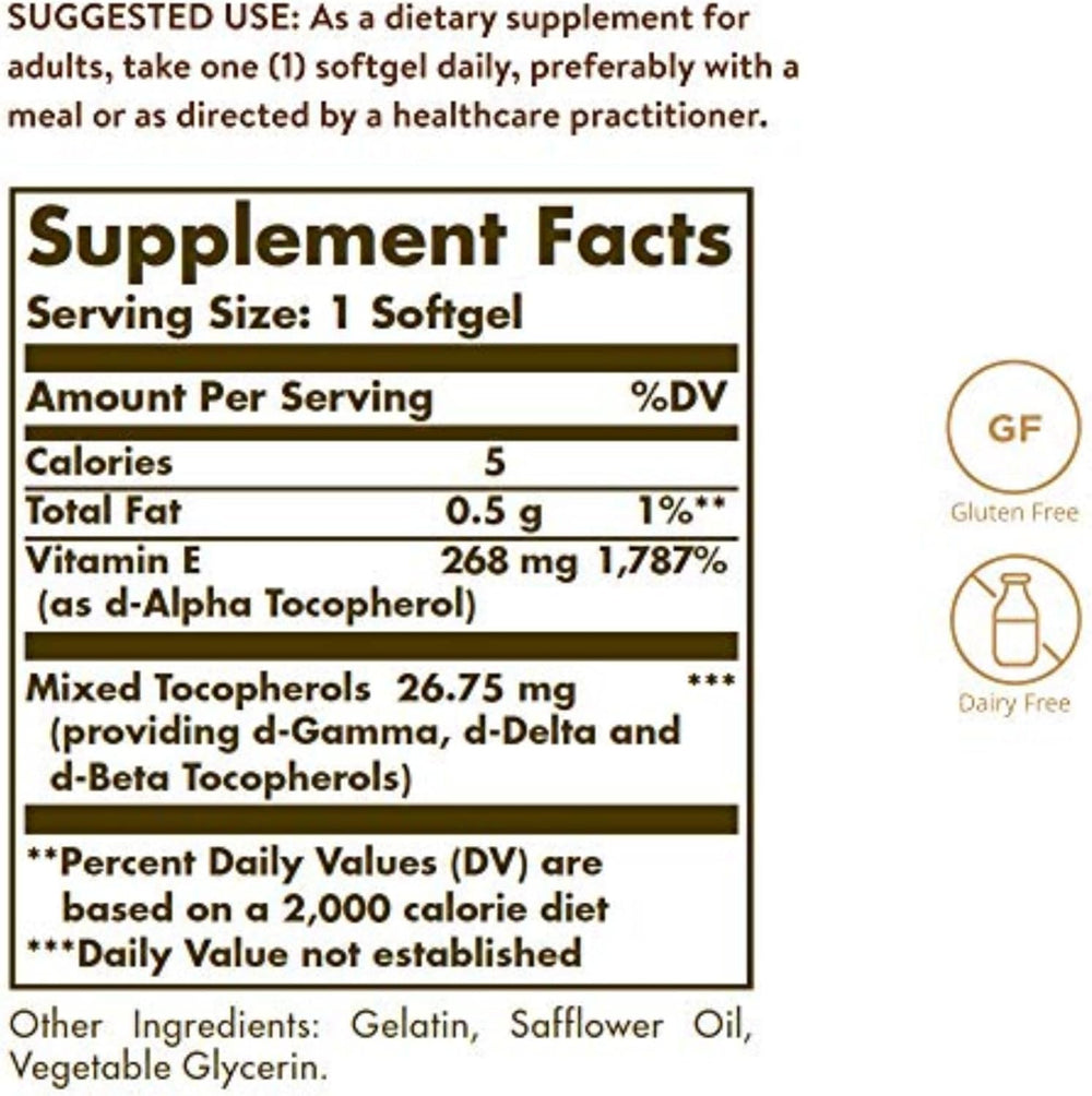 Solgar Vitamin E 268 MG (400 IU) (d-Alpha Tocopherol & Mixed Tocopherols), 100 Softgels - Supports Immune System & Skin Nutrition - Natural Antioxidant - Gluten Free, Dairy Free - 100 Servings
