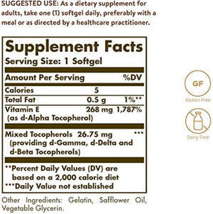 Solgar Vitamin E 268 MG (400 IU) (d-Alpha Tocopherol & Mixed Tocopherols), 100 Softgels - Supports Immune System & Skin Nutrition - Natural Antioxidant - Gluten Free, Dairy Free - 100 Servings