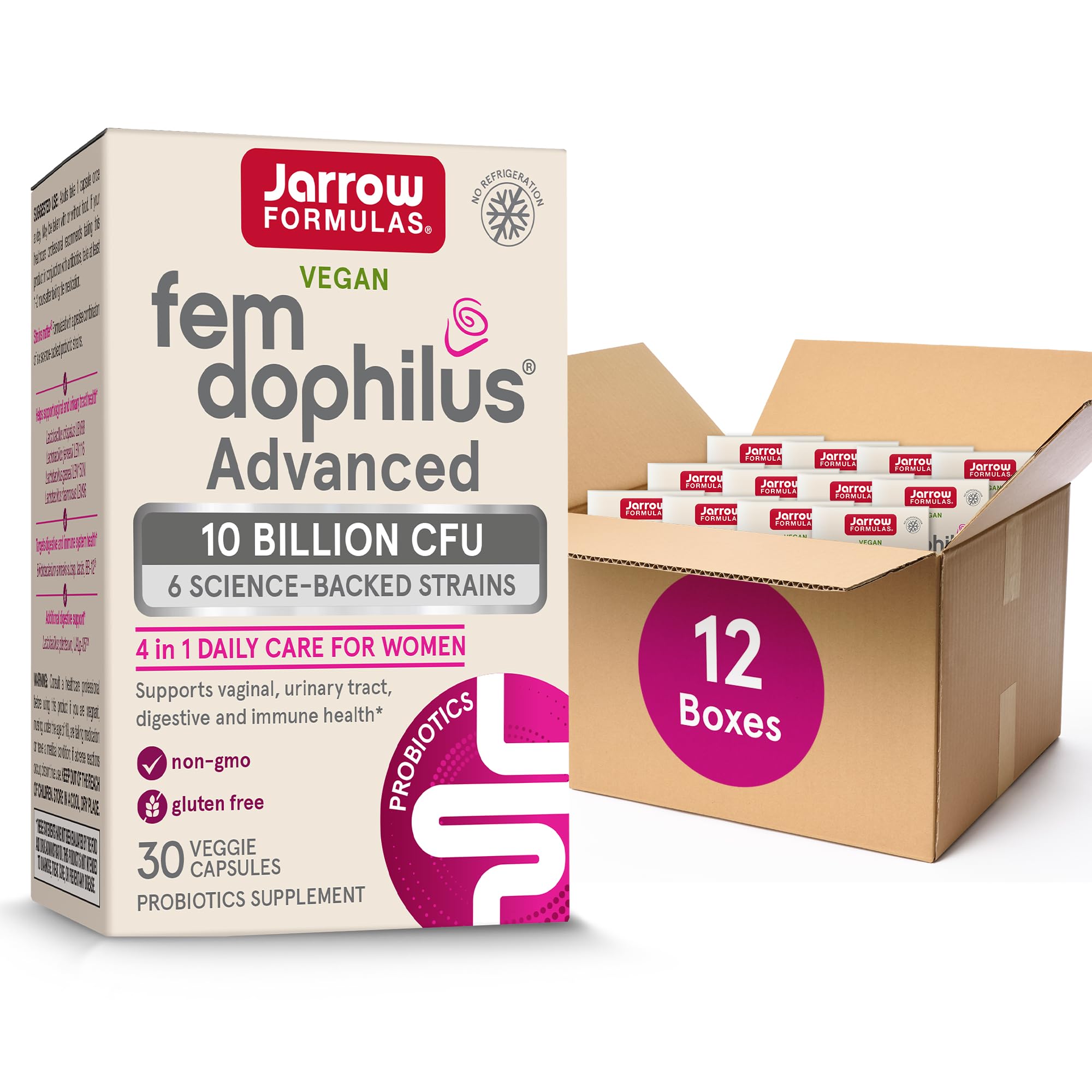 Jarrow Formulas Fem-Dophilus Advanced Probiotics 10 Billion CFU with 6 Science-Backed Strains, for Vaginal, Urinary Tract, Digestive, and Immune Support, 30 Veggie Capsules, Shelf-Stable, Pack of 12